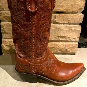 Lucchese Whiskey Tooled & Camel Cheetah Brown Leather Women’s Western Boot 8.5B